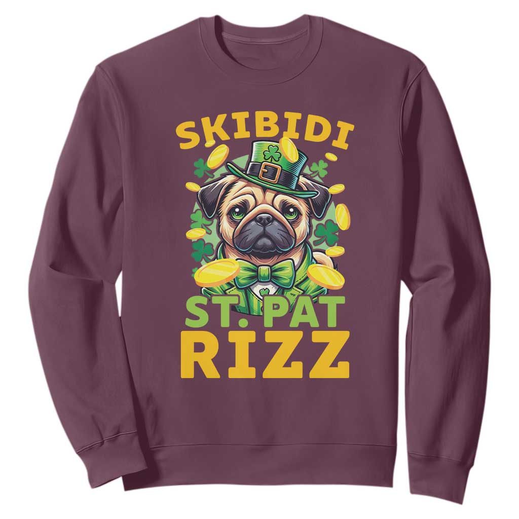 Funny St. Patrick's Day Sweatshirt Skibidi St. Patrizz Cute Dog Leprechaun TS09 Maroon Print Your Wear