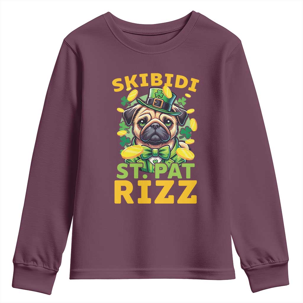 Funny St. Patrick's Day Youth Sweatshirt Skibidi St. Patrizz Cute Dog Leprechaun TS09 Maroon Print Your Wear