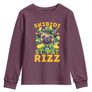 Funny St. Patrick's Day Youth Sweatshirt Skibidi St. Patrizz Cute Dog Leprechaun TS09 Maroon Print Your Wear