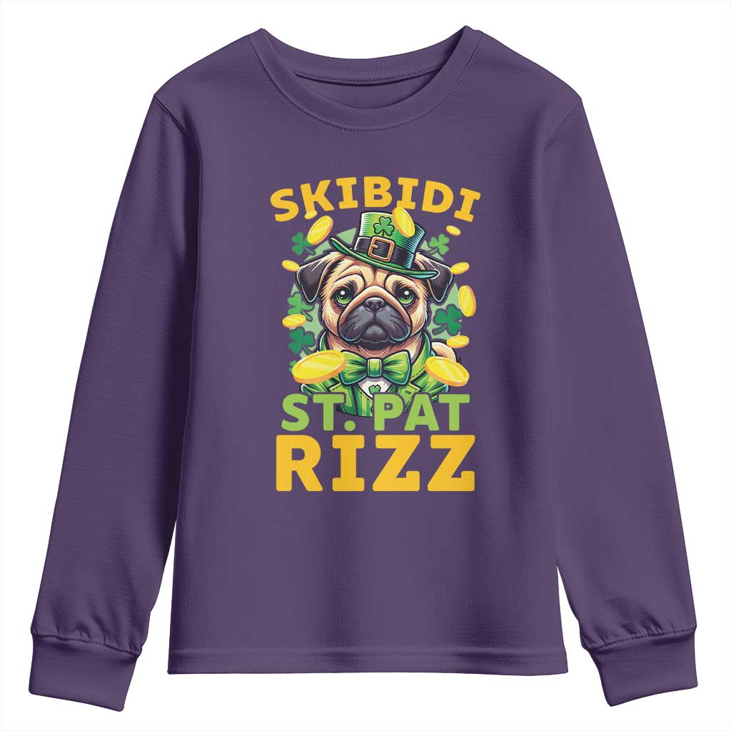 Funny St. Patrick's Day Youth Sweatshirt Skibidi St. Patrizz Cute Dog Leprechaun TS09 Purple Print Your Wear