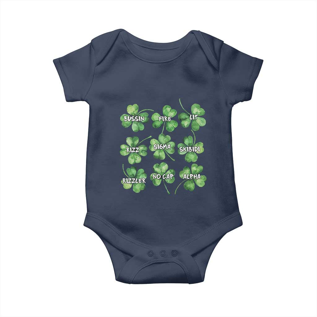 Funny St. Patrick's Day Baby Onesie Shamrock Lit Rizz Sigma Skibidi Rizzler No Cap Alpha TS09 Navy Print Your Wear