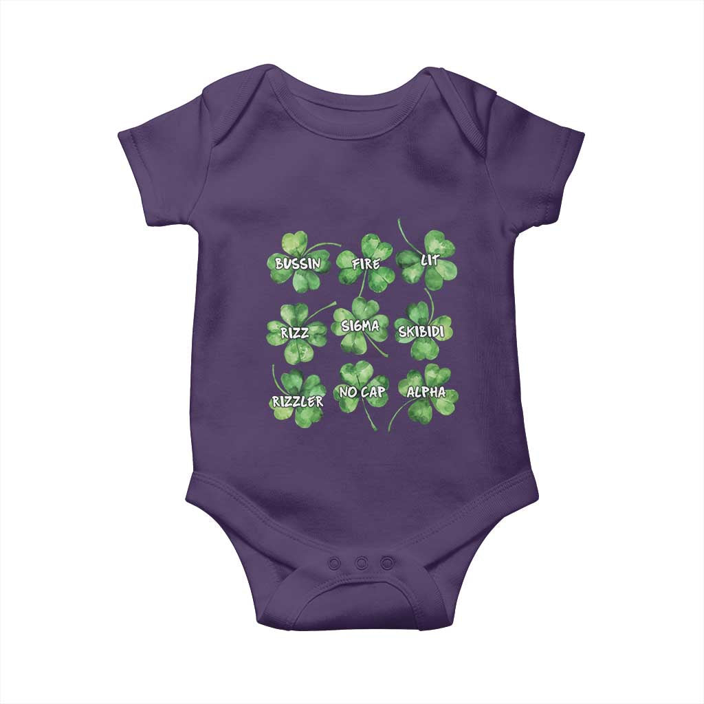 Funny St. Patrick's Day Baby Onesie Shamrock Lit Rizz Sigma Skibidi Rizzler No Cap Alpha TS09 Purple Print Your Wear