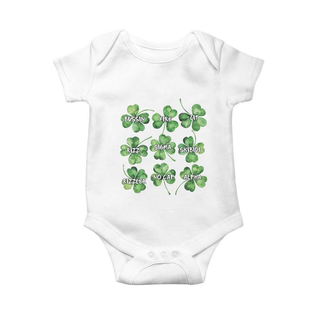 Funny St. Patrick's Day Baby Onesie Shamrock Lit Rizz Sigma Skibidi Rizzler No Cap Alpha TS09 White Print Your Wear