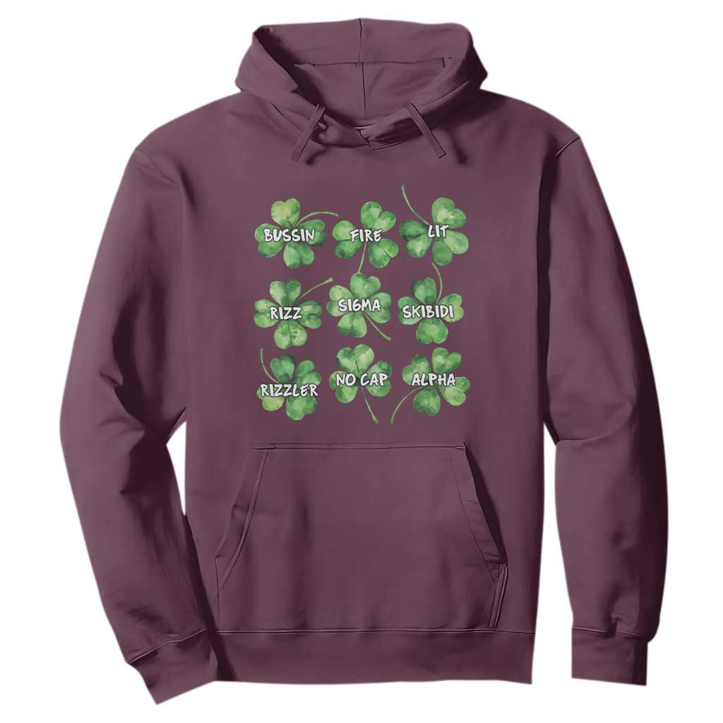 Funny St. Patrick's Day Hoodie Shamrock Lit Rizz Sigma Skibidi Rizzler No Cap Alpha TS09 Maroon Print Your Wear