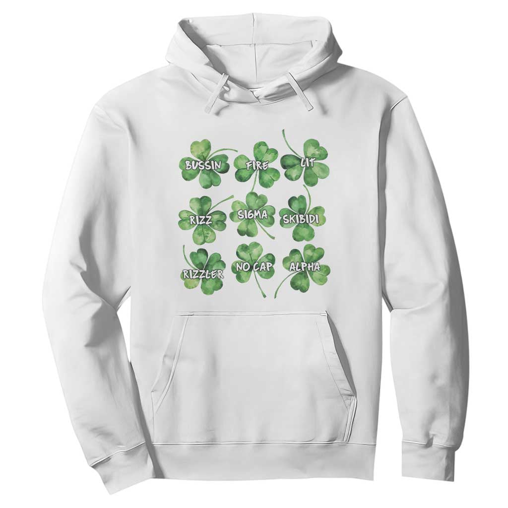 Funny St. Patrick's Day Hoodie Shamrock Lit Rizz Sigma Skibidi Rizzler No Cap Alpha TS09 White Print Your Wear