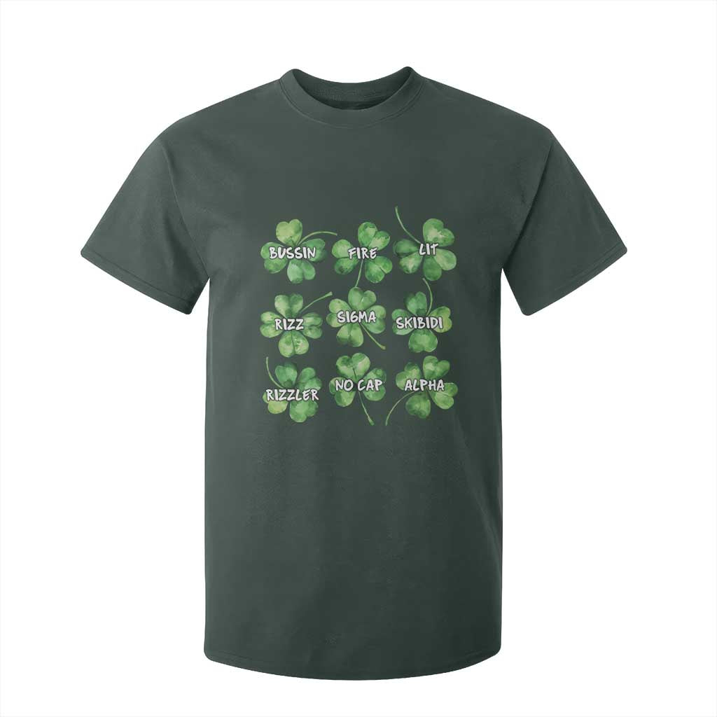 Funny St. Patrick's Day T Shirt For Kid Shamrock Lit Rizz Sigma Skibidi Rizzler No Cap Alpha TS09 Dark Forest Green Print Your Wear