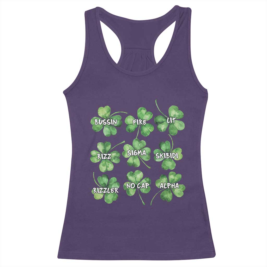 Funny St. Patrick's Day Racerback Tank Top Shamrock Lit Rizz Sigma Skibidi Rizzler No Cap Alpha TS09 Purple Print Your Wear