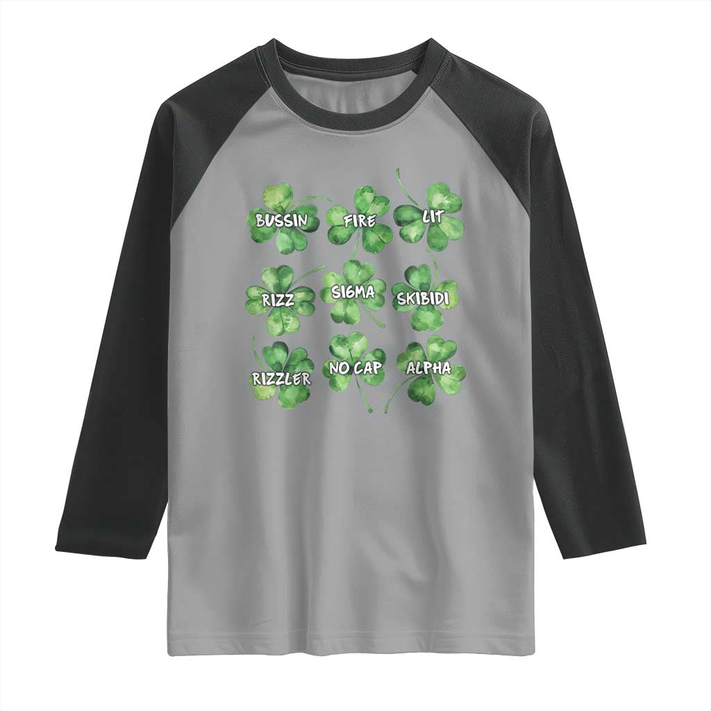 Funny St. Patrick's Day Raglan Shirt Shamrock Lit Rizz Sigma Skibidi Rizzler No Cap Alpha TS09 Sport Gray Black Print Your Wear