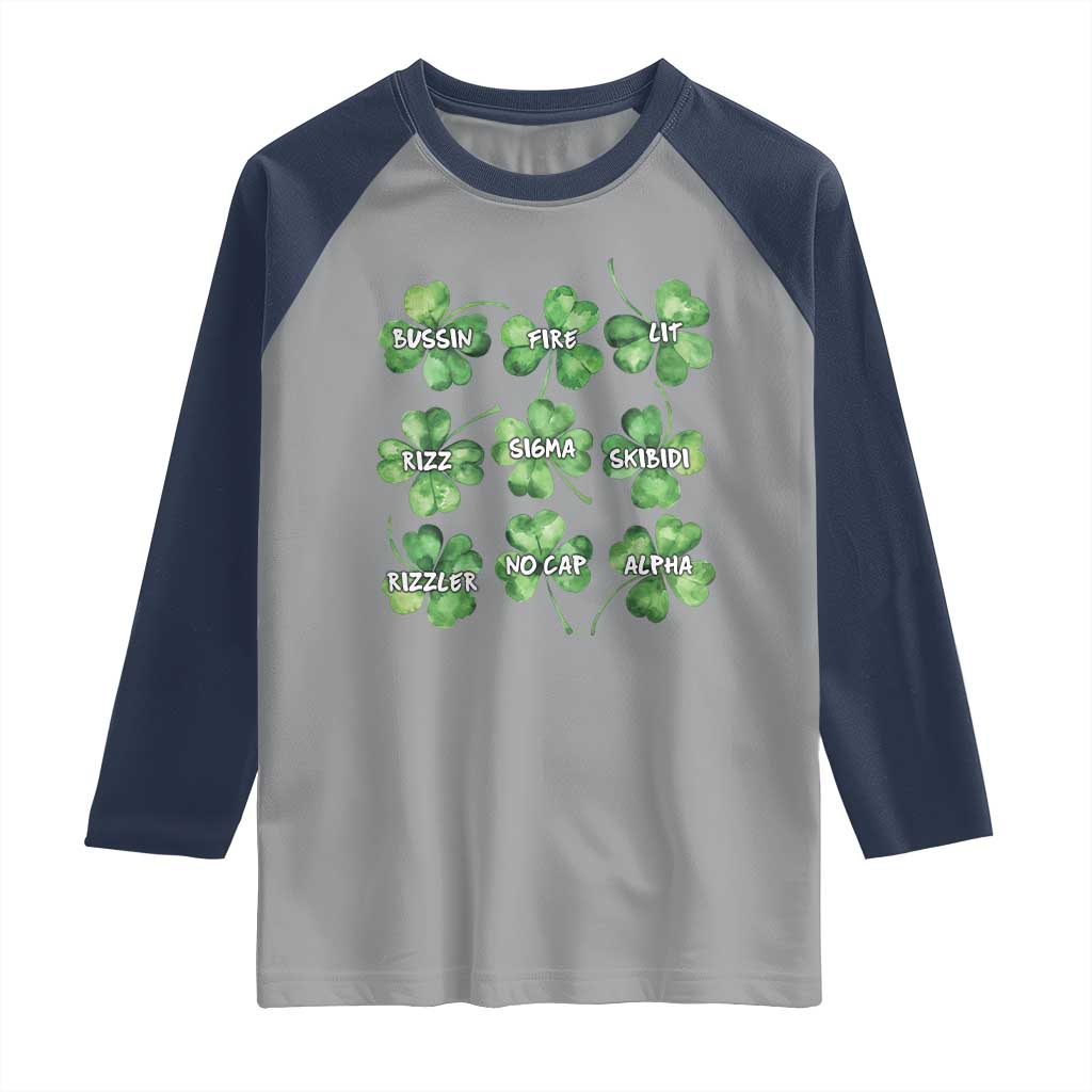 Funny St. Patrick's Day Raglan Shirt Shamrock Lit Rizz Sigma Skibidi Rizzler No Cap Alpha TS09 Sport Gray Navy Print Your Wear