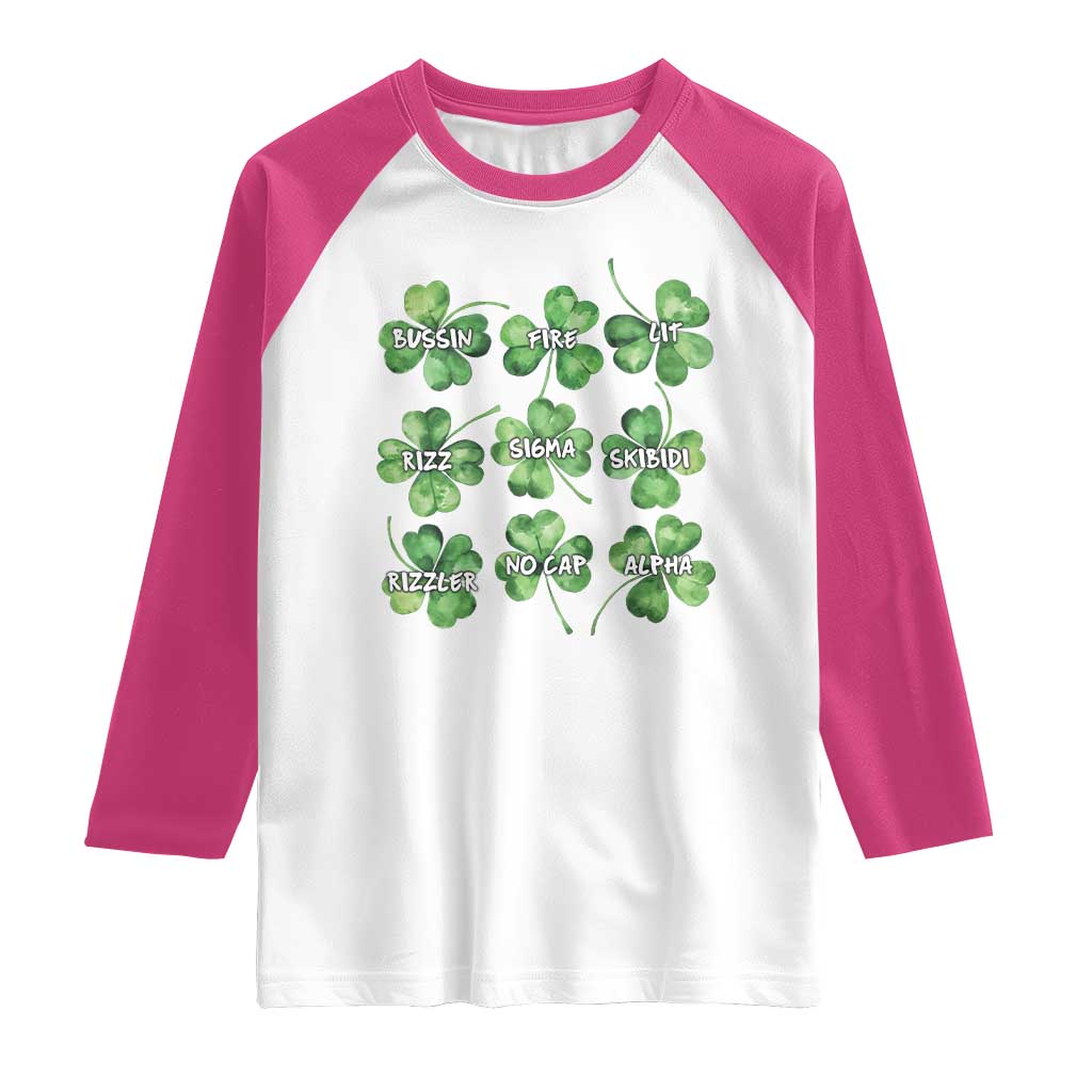 Funny St. Patrick's Day Raglan Shirt Shamrock Lit Rizz Sigma Skibidi Rizzler No Cap Alpha TS09 White Heliconia Print Your Wear