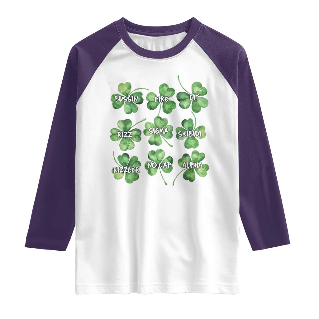 Funny St. Patrick's Day Raglan Shirt Shamrock Lit Rizz Sigma Skibidi Rizzler No Cap Alpha TS09 White Purple Print Your Wear