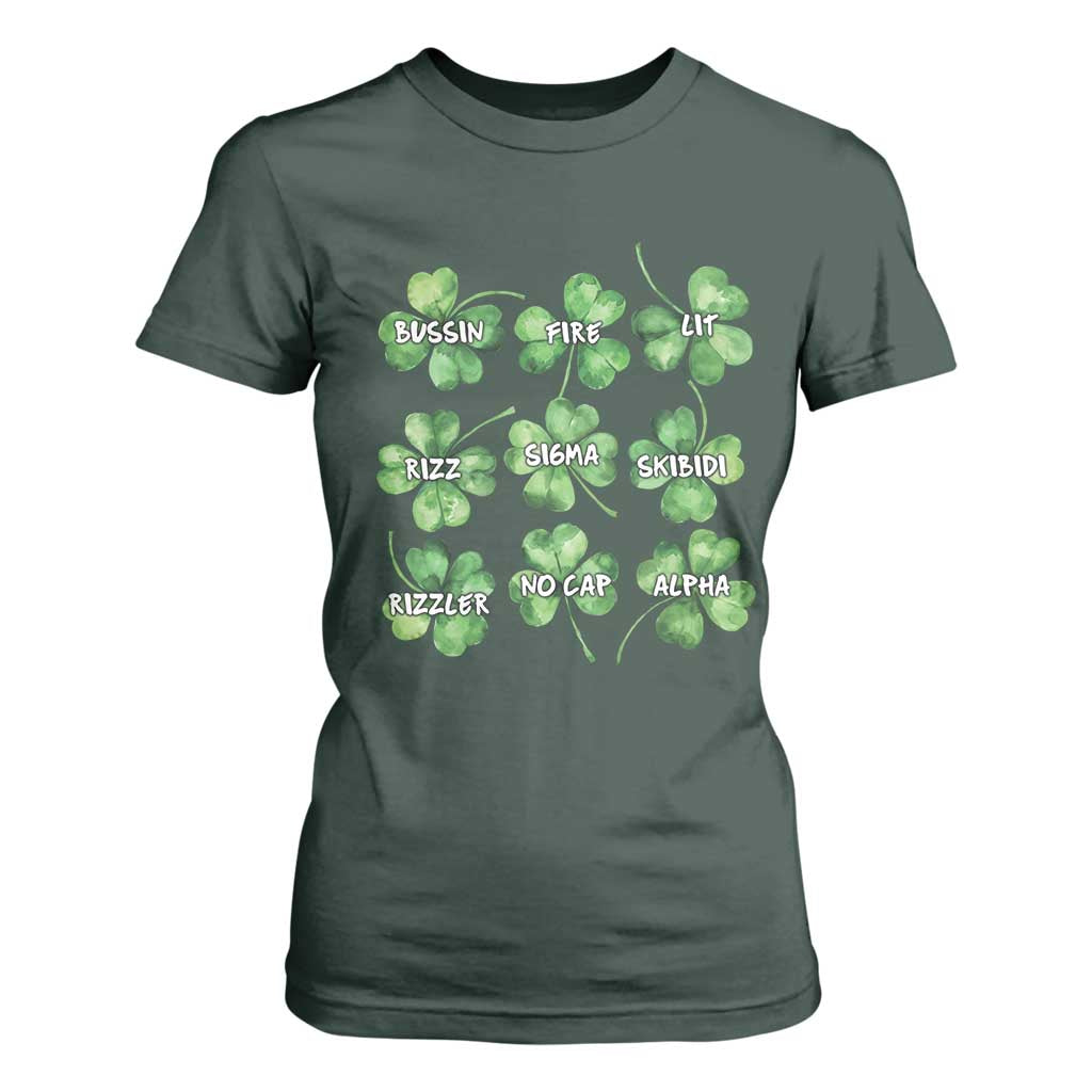Funny St. Patrick's Day T Shirt For Women Shamrock Lit Rizz Sigma Skibidi Rizzler No Cap Alpha TS09 Dark Forest Green Print Your Wear