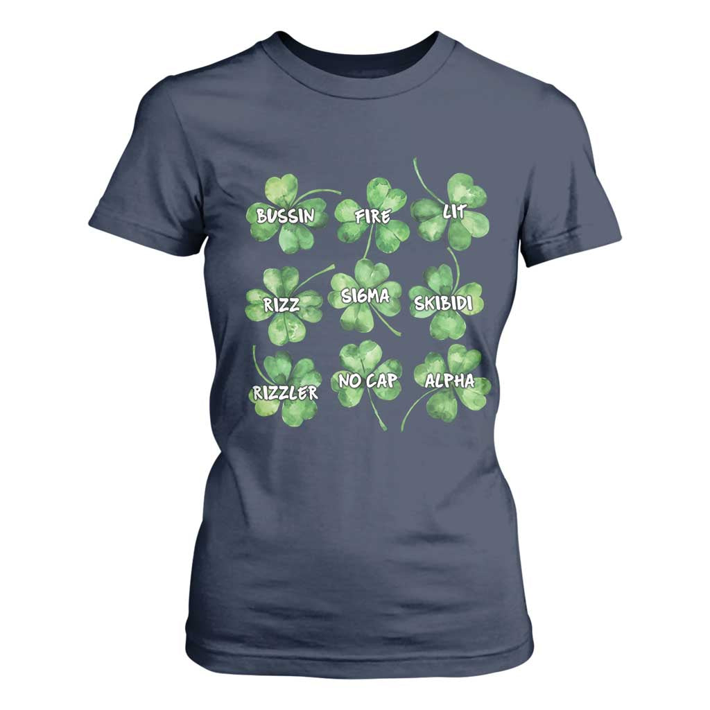 Funny St. Patrick's Day T Shirt For Women Shamrock Lit Rizz Sigma Skibidi Rizzler No Cap Alpha TS09 Navy Print Your Wear