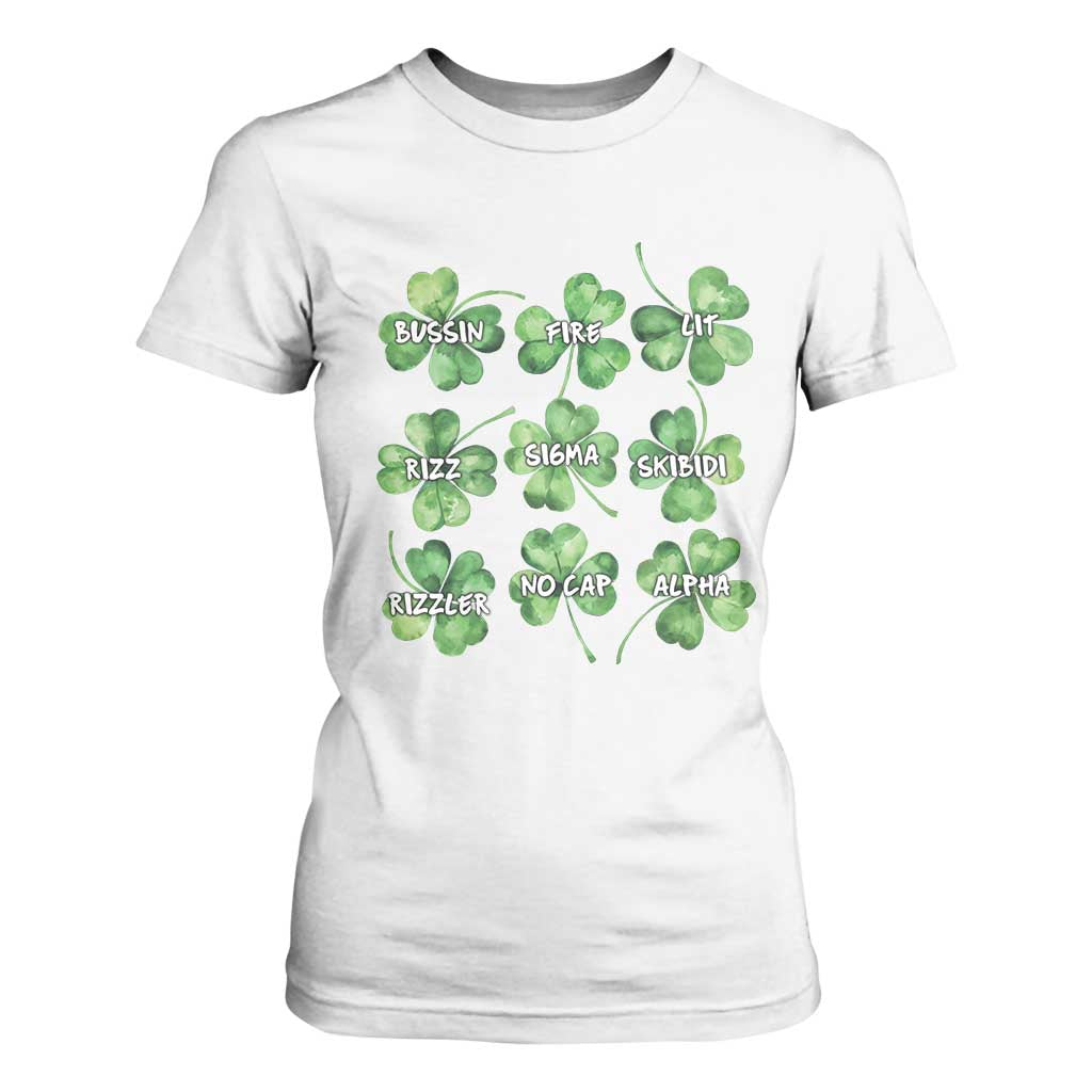 Funny St. Patrick's Day T Shirt For Women Shamrock Lit Rizz Sigma Skibidi Rizzler No Cap Alpha TS09 White Print Your Wear