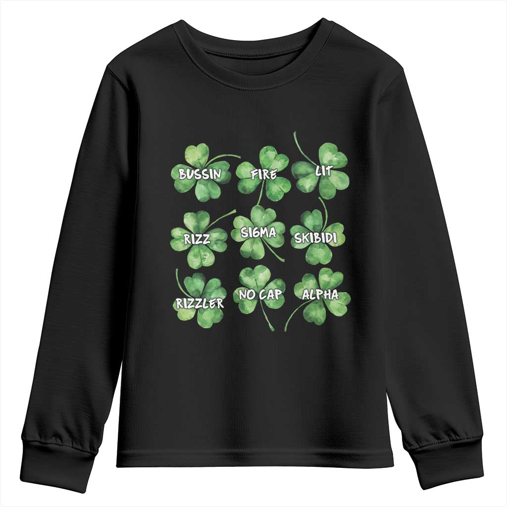 Funny St. Patrick's Day Youth Sweatshirt Shamrock Lit Rizz Sigma Skibidi Rizzler No Cap Alpha TS09 Black Print Your Wear