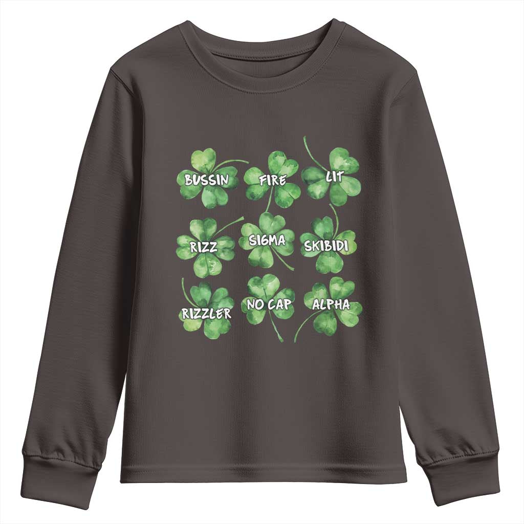 Funny St. Patrick's Day Youth Sweatshirt Shamrock Lit Rizz Sigma Skibidi Rizzler No Cap Alpha TS09 Dark Chocolate Print Your Wear