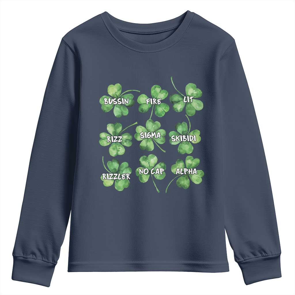 Funny St. Patrick's Day Youth Sweatshirt Shamrock Lit Rizz Sigma Skibidi Rizzler No Cap Alpha TS09 Navy Print Your Wear