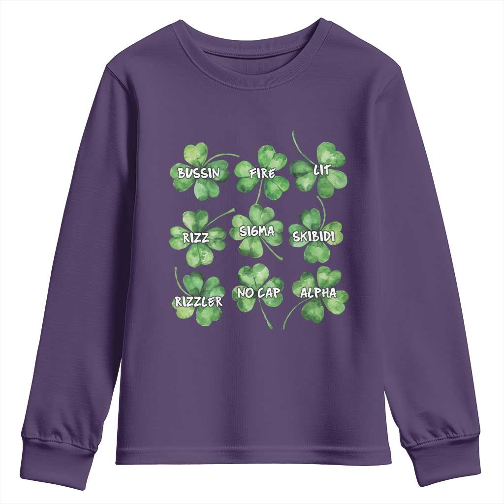 Funny St. Patrick's Day Youth Sweatshirt Shamrock Lit Rizz Sigma Skibidi Rizzler No Cap Alpha TS09 Purple Print Your Wear