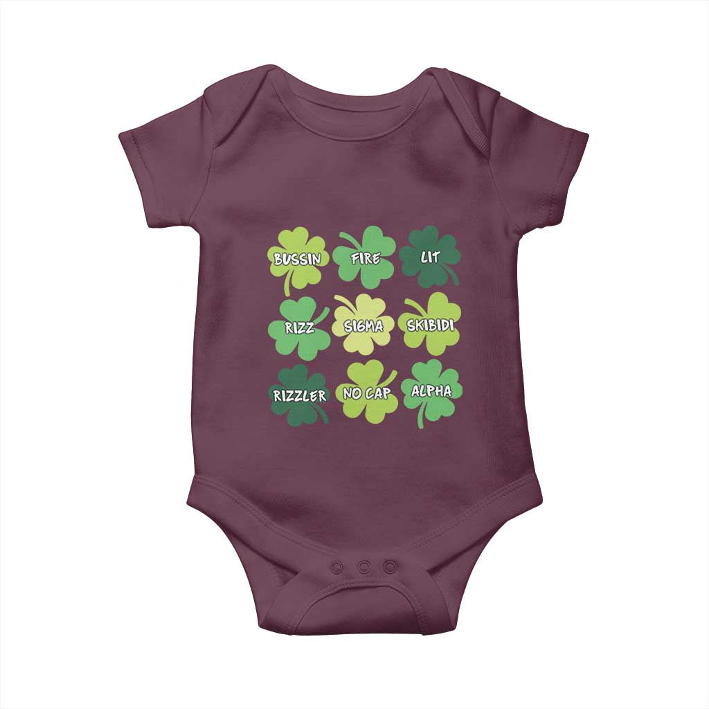 Funny St. Patrick's Day Baby Onesie Lit Rizz Sigma Skibidi Rizzler No Cap Alpha TS09 Maroon Print Your Wear