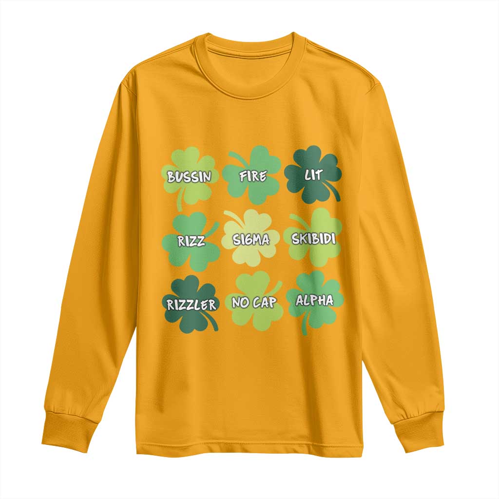 Funny St. Patrick's Day Long Sleeve Shirt Lit Rizz Sigma Skibidi Rizzler No Cap Alpha TS09 Gold Print Your Wear