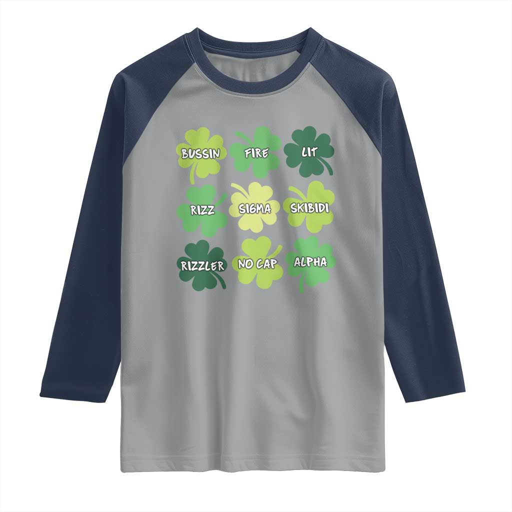 Funny St. Patrick's Day Raglan Shirt Lit Rizz Sigma Skibidi Rizzler No Cap Alpha TS09 Sport Gray Navy Print Your Wear