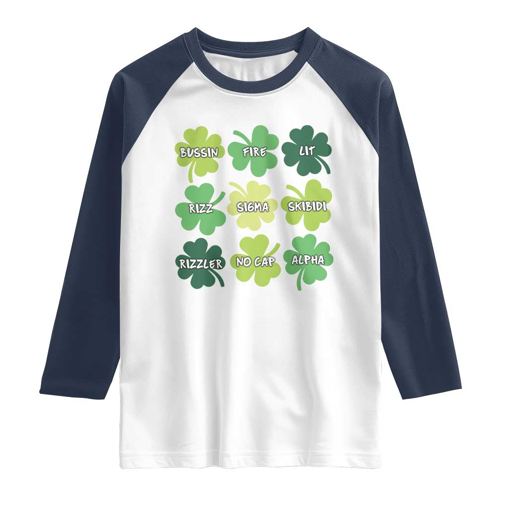 Funny St. Patrick's Day Raglan Shirt Lit Rizz Sigma Skibidi Rizzler No Cap Alpha TS09 White Navy Print Your Wear