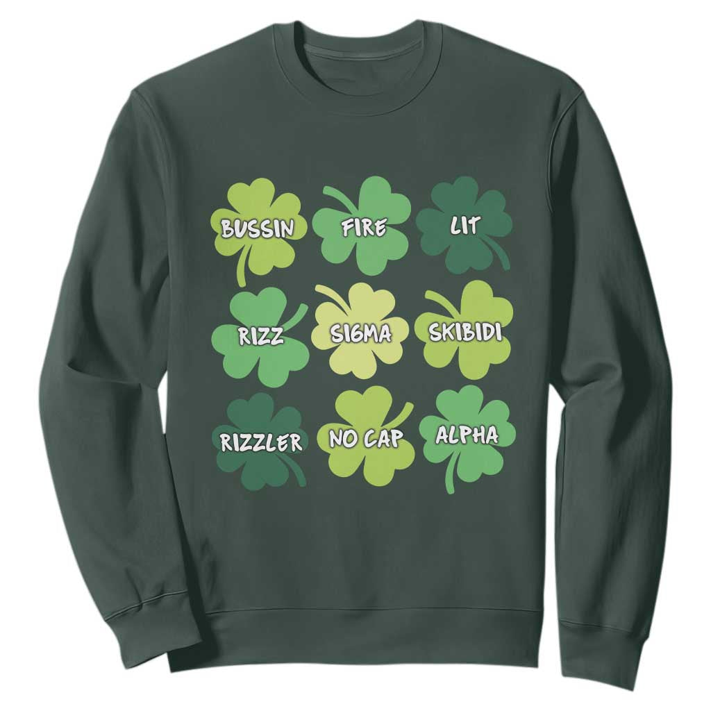 Funny St. Patrick's Day Sweatshirt Lit Rizz Sigma Skibidi Rizzler No Cap Alpha TS09 Dark Forest Green Print Your Wear