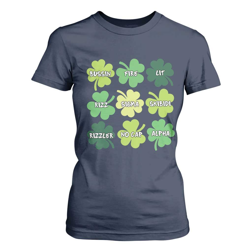 Funny St. Patrick's Day T Shirt For Women Lit Rizz Sigma Skibidi Rizzler No Cap Alpha TS09 Navy Print Your Wear