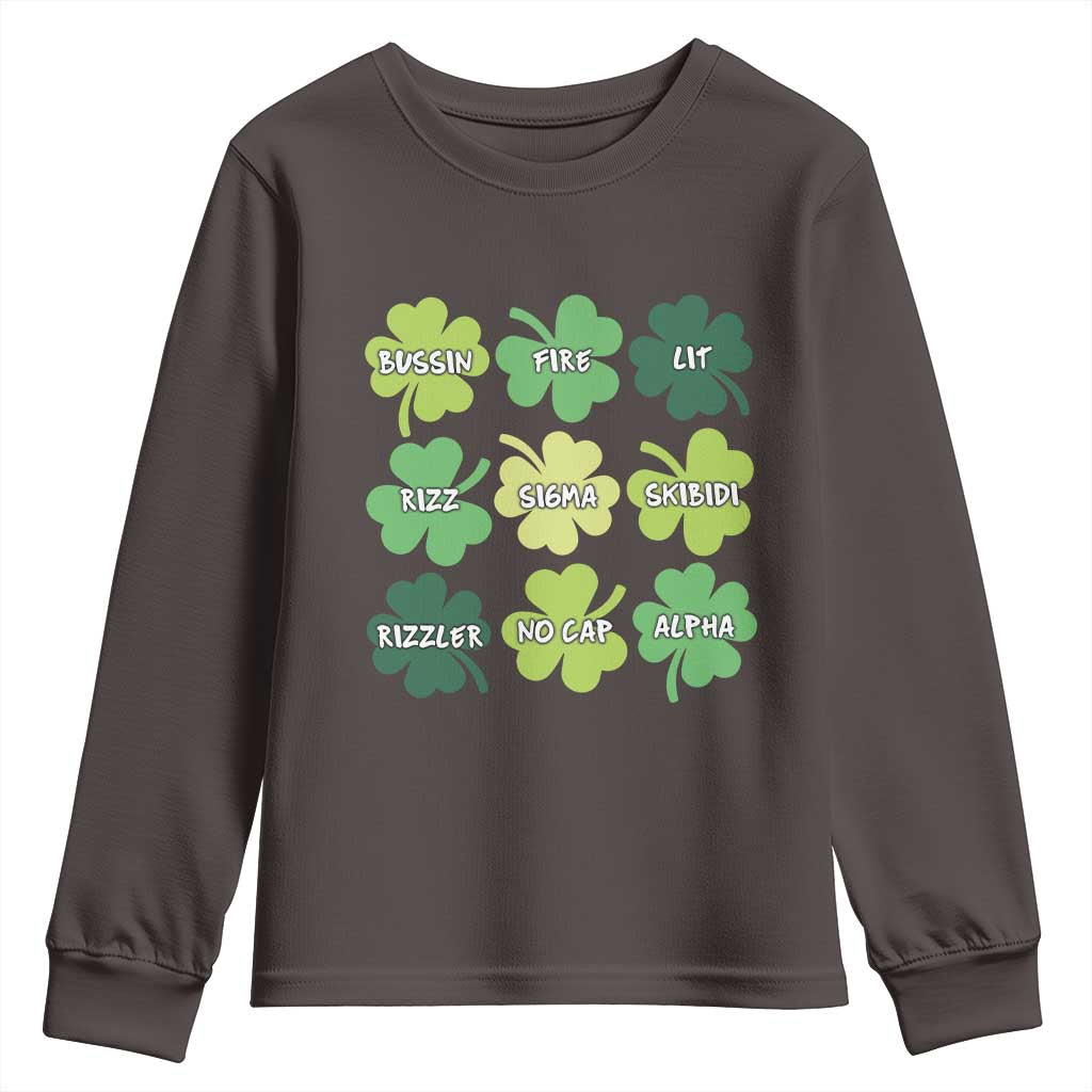 Funny St. Patrick's Day Youth Sweatshirt Lit Rizz Sigma Skibidi Rizzler No Cap Alpha TS09 Dark Chocolate Print Your Wear