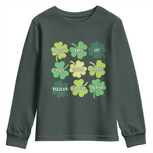 Funny St. Patrick's Day Youth Sweatshirt Lit Rizz Sigma Skibidi Rizzler No Cap Alpha TS09 Dark Forest Green Print Your Wear