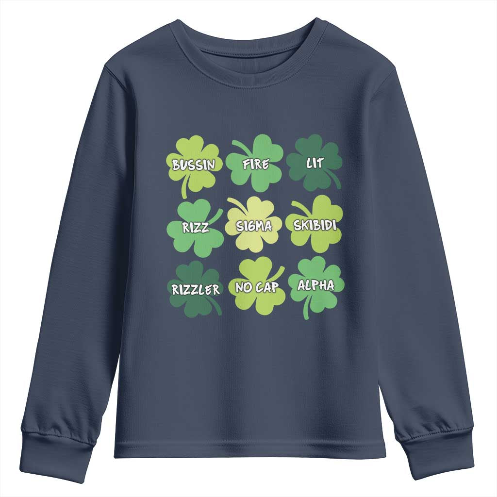 Funny St. Patrick's Day Youth Sweatshirt Lit Rizz Sigma Skibidi Rizzler No Cap Alpha TS09 Navy Print Your Wear