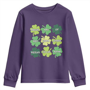 Funny St. Patrick's Day Youth Sweatshirt Lit Rizz Sigma Skibidi Rizzler No Cap Alpha TS09 Purple Print Your Wear