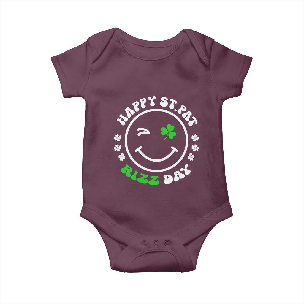 Funny St. Patrick's Day Baby Onesie Happy St Pat Rizz Day Shamrock Lucky Face TS09 Maroon Print Your Wear