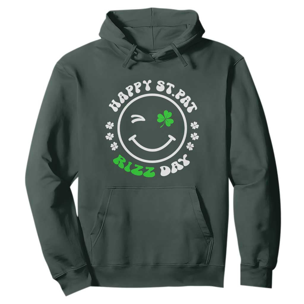 Funny St. Patrick's Day Hoodie Happy St Pat Rizz Day Shamrock Lucky Face TS09 Dark Forest Green Print Your Wear
