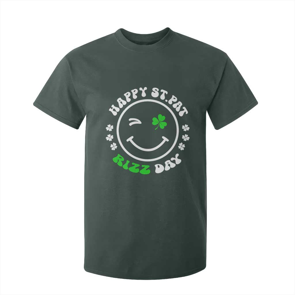 Funny St. Patrick's Day T Shirt For Kid Happy St Pat Rizz Day Shamrock Lucky Face TS09 Dark Forest Green Print Your Wear