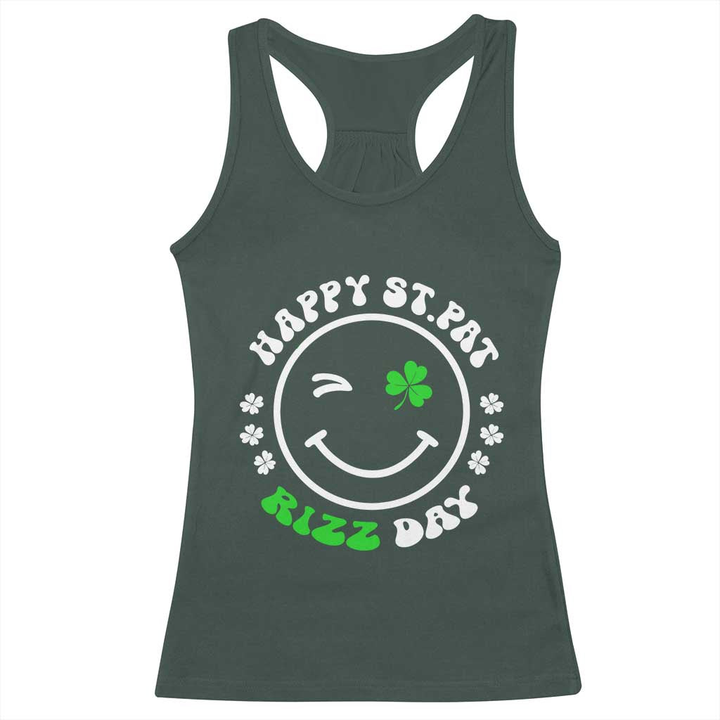 Funny St. Patrick's Day Racerback Tank Top Happy St Pat Rizz Day Shamrock Lucky Face TS09 Dark Forest Green Print Your Wear