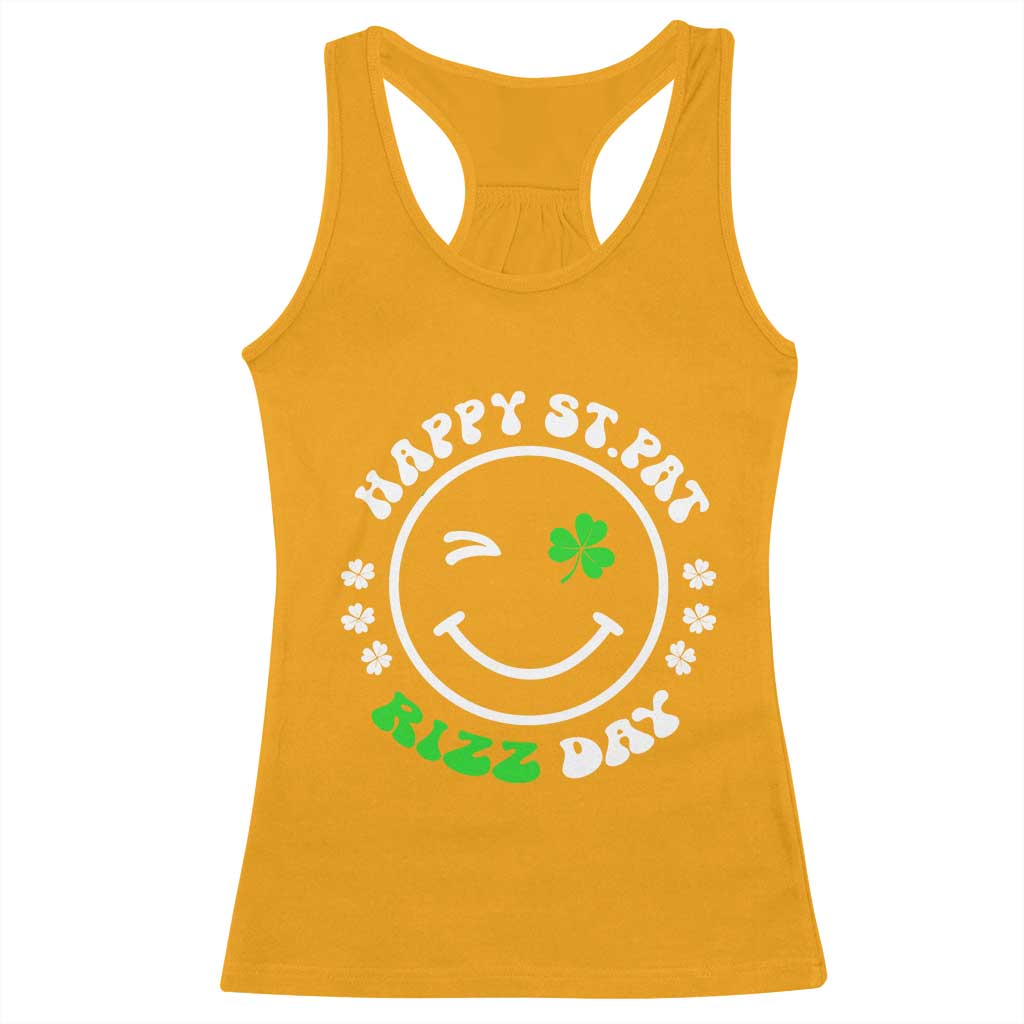 Funny St. Patrick's Day Racerback Tank Top Happy St Pat Rizz Day Shamrock Lucky Face TS09 Gold Print Your Wear