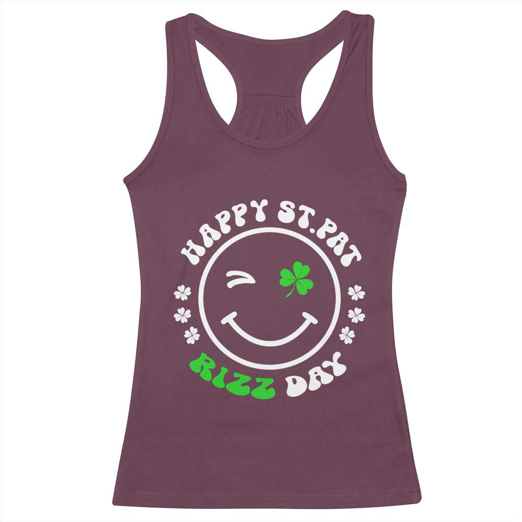 Funny St. Patrick's Day Racerback Tank Top Happy St Pat Rizz Day Shamrock Lucky Face TS09 Maroon Print Your Wear