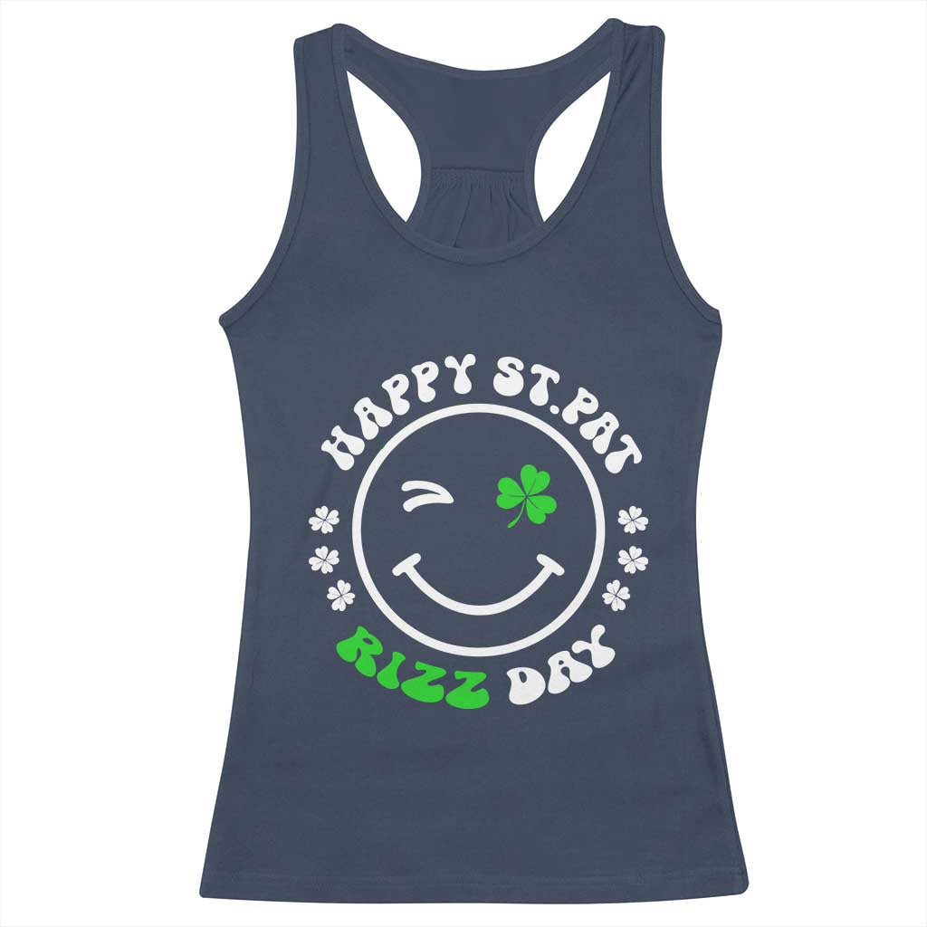 Funny St. Patrick's Day Racerback Tank Top Happy St Pat Rizz Day Shamrock Lucky Face TS09 Navy Print Your Wear