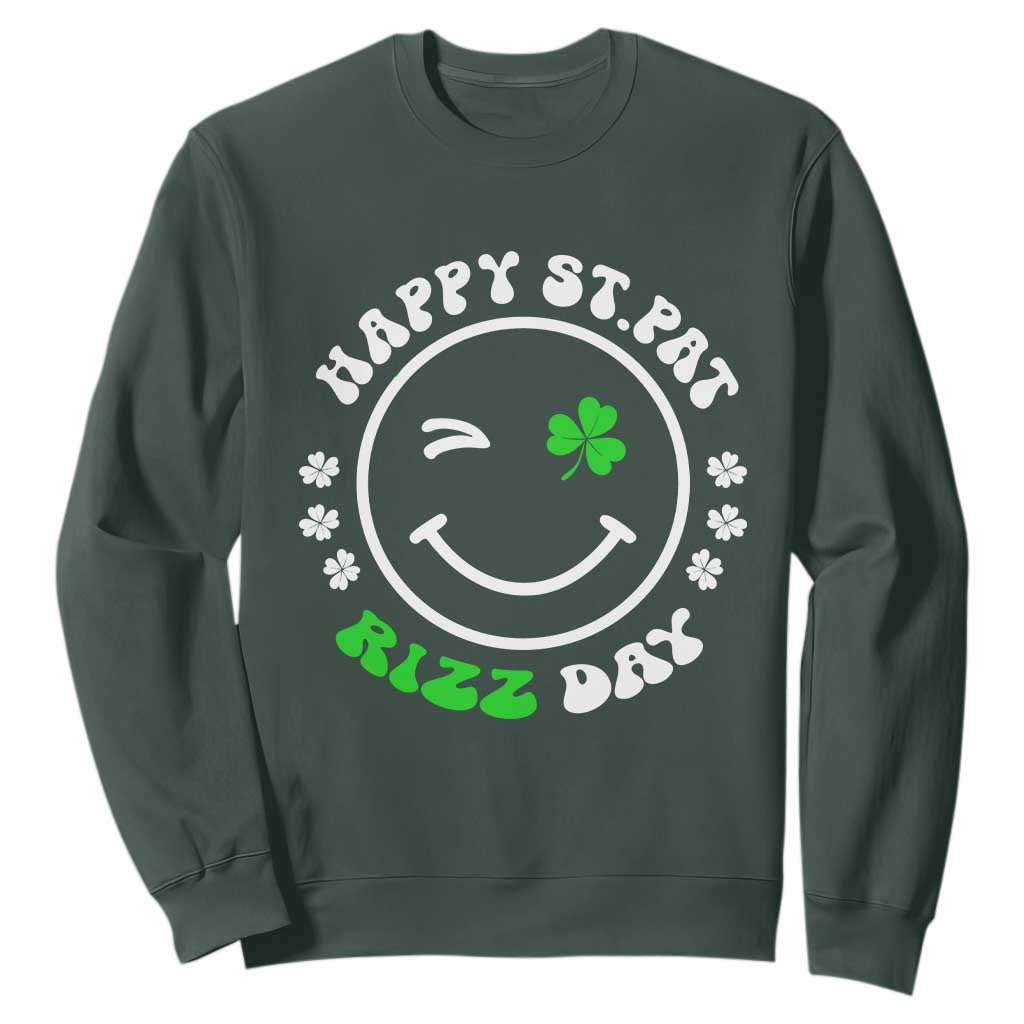 Funny St. Patrick's Day Sweatshirt Happy St Pat Rizz Day Shamrock Lucky Face TS09 Dark Forest Green Print Your Wear