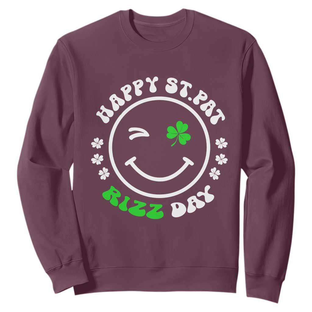 Funny St. Patrick's Day Sweatshirt Happy St Pat Rizz Day Shamrock Lucky Face TS09 Maroon Print Your Wear