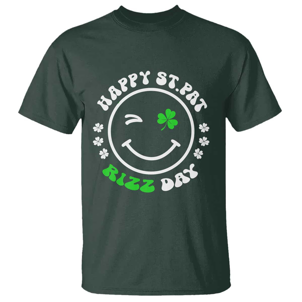 Funny St. Patrick's Day T Shirt Happy St Pat Rizz Day Shamrock Lucky Face TS09 Dark Forest Green Print Your Wear