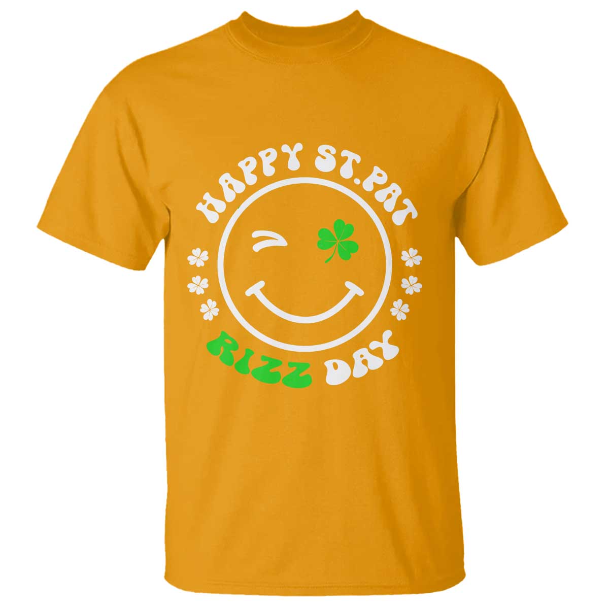 Funny St. Patrick's Day T Shirt Happy St Pat Rizz Day Shamrock Lucky Face TS09 Gold Print Your Wear