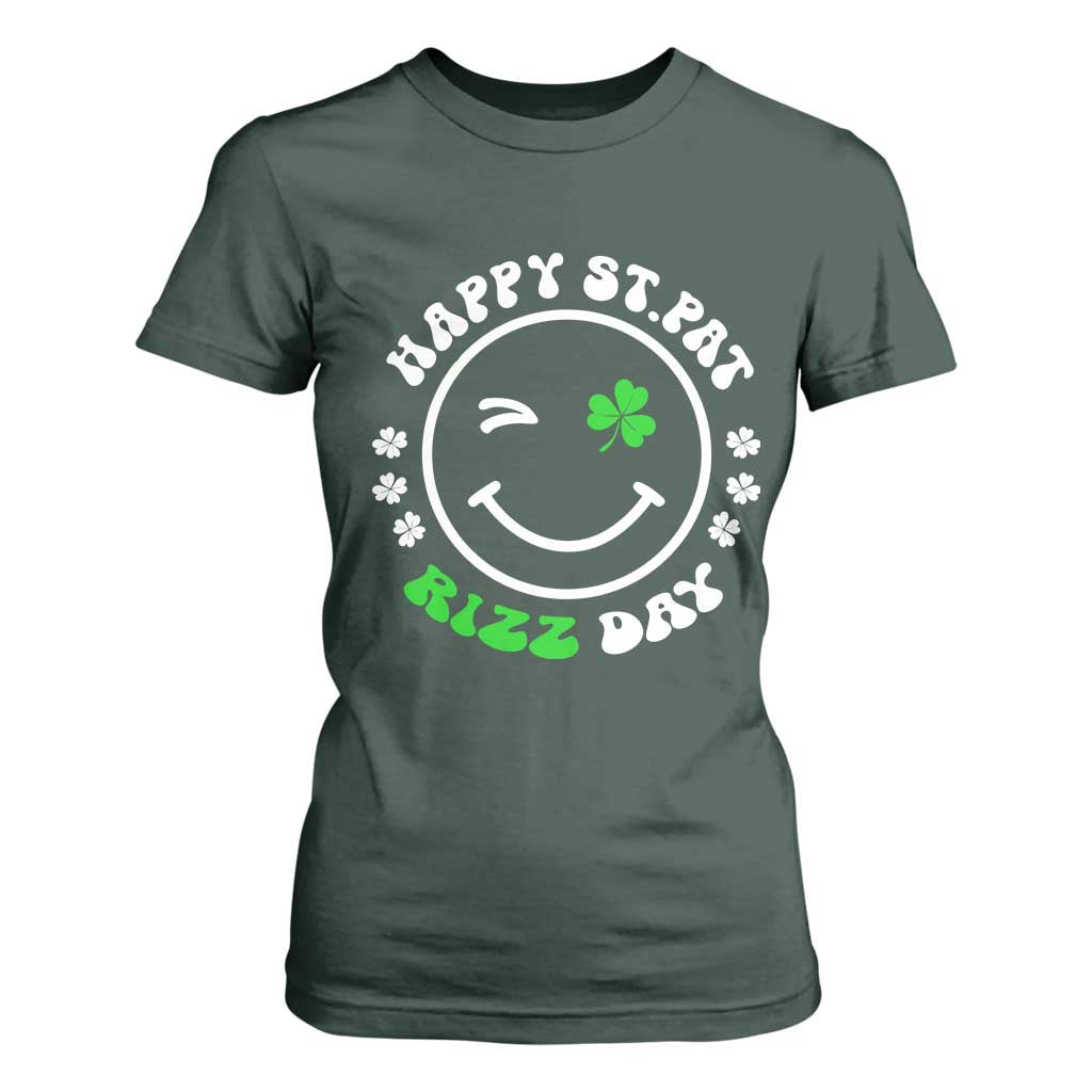 Funny St. Patrick's Day T Shirt For Women Happy St Pat Rizz Day Shamrock Lucky Face TS09 Dark Forest Green Print Your Wear