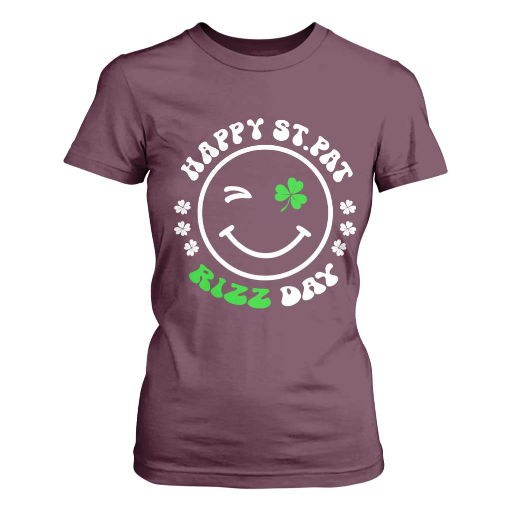 Funny St. Patrick's Day T Shirt For Women Happy St Pat Rizz Day Shamrock Lucky Face TS09 Maroon Print Your Wear