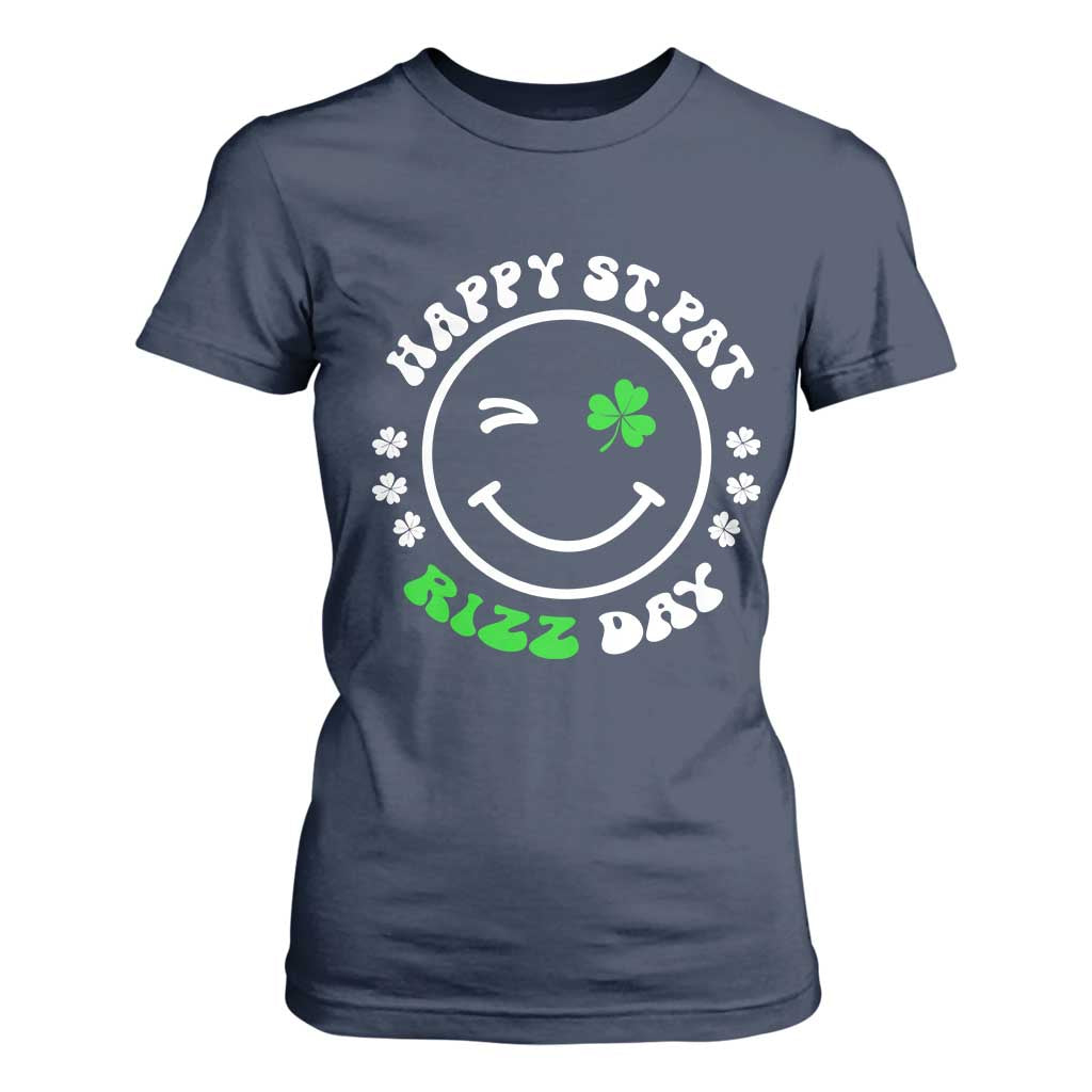 Funny St. Patrick's Day T Shirt For Women Happy St Pat Rizz Day Shamrock Lucky Face TS09 Navy Print Your Wear