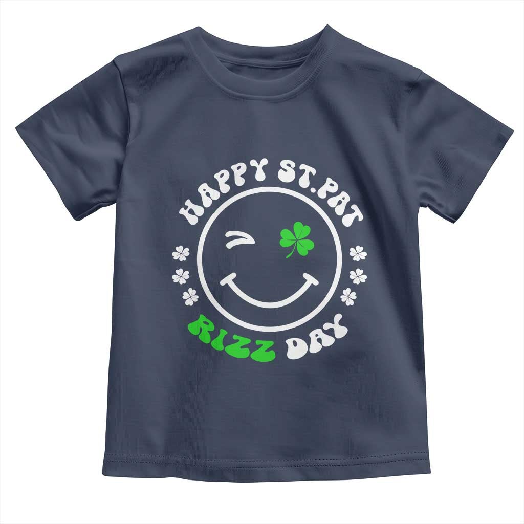 Funny St. Patrick's Day Toddler T Shirt Happy St Pat Rizz Day Shamrock Lucky Face TS09 Navy Print Your Wear