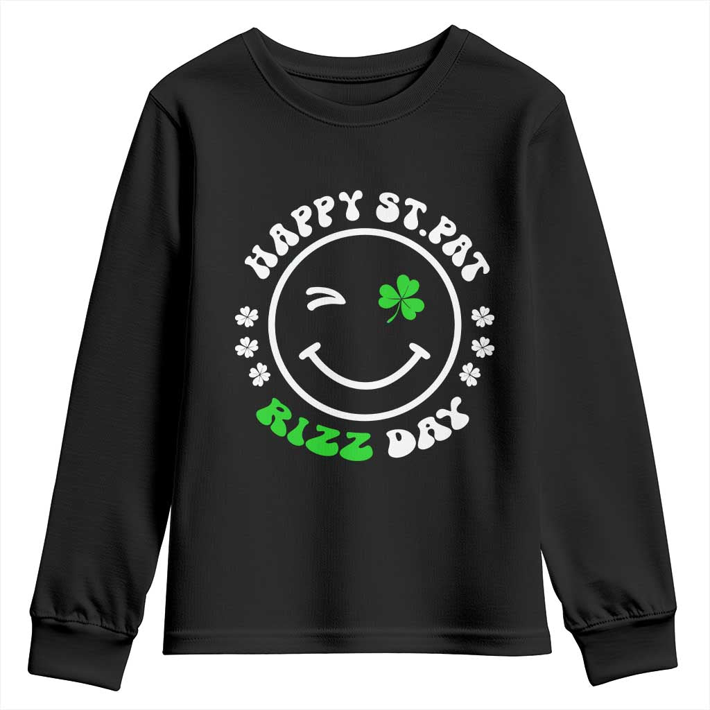 Funny St. Patrick's Day Youth Sweatshirt Happy St Pat Rizz Day Shamrock Lucky Face TS09 Black Print Your Wear