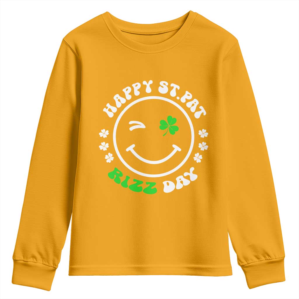 Funny St. Patrick's Day Youth Sweatshirt Happy St Pat Rizz Day Shamrock Lucky Face TS09 Gold Print Your Wear