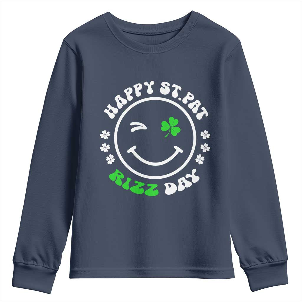 Funny St. Patrick's Day Youth Sweatshirt Happy St Pat Rizz Day Shamrock Lucky Face TS09 Navy Print Your Wear